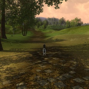 Border between Bree-land and the Lone-lands. Looking towards Bree-land: green grass, birch and linden trees...